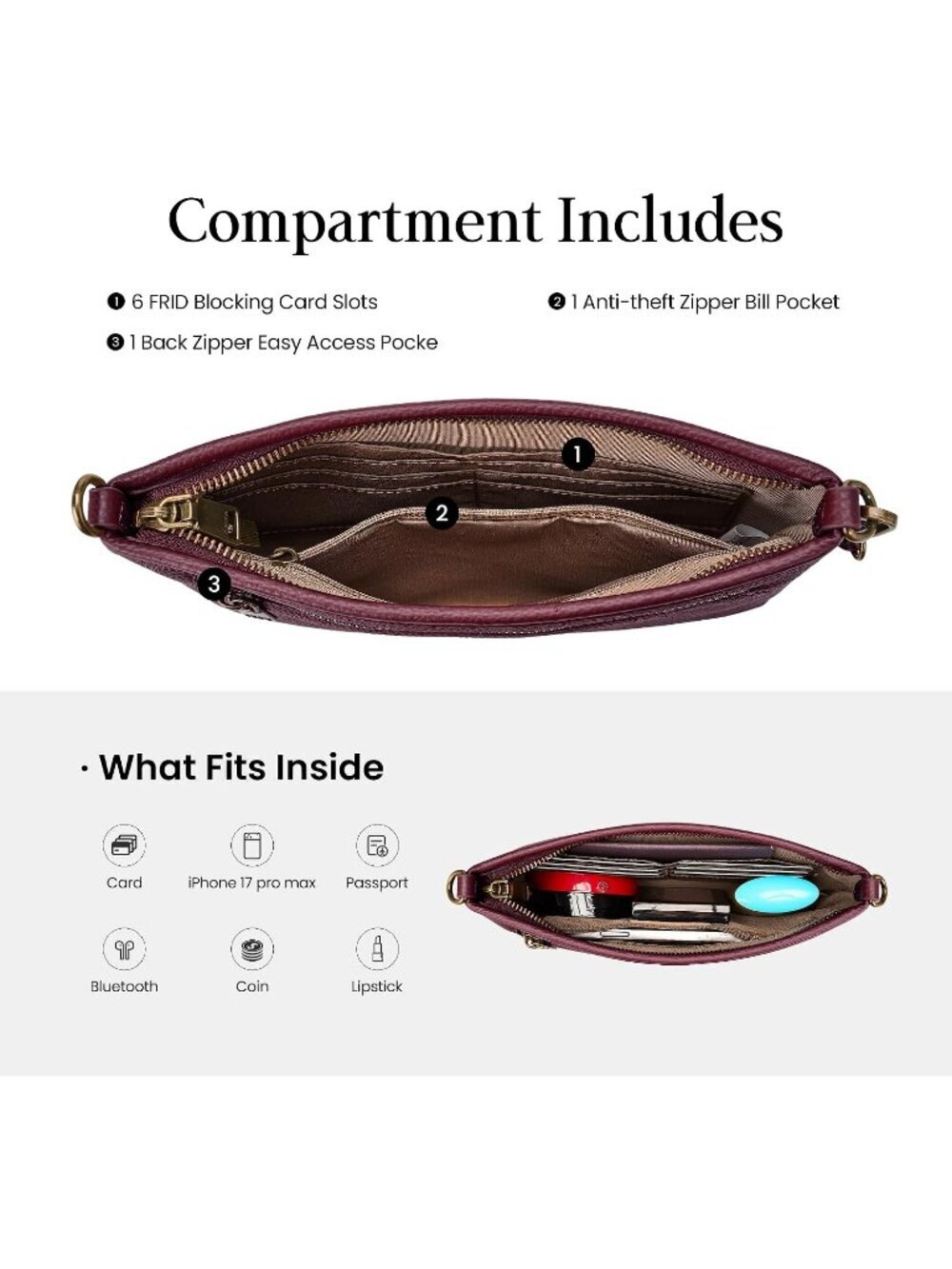 Women's Burgundy Full Grain Leather Wristlet Wallet Soft RFID Crossbody Bags - Picture 5 of 6